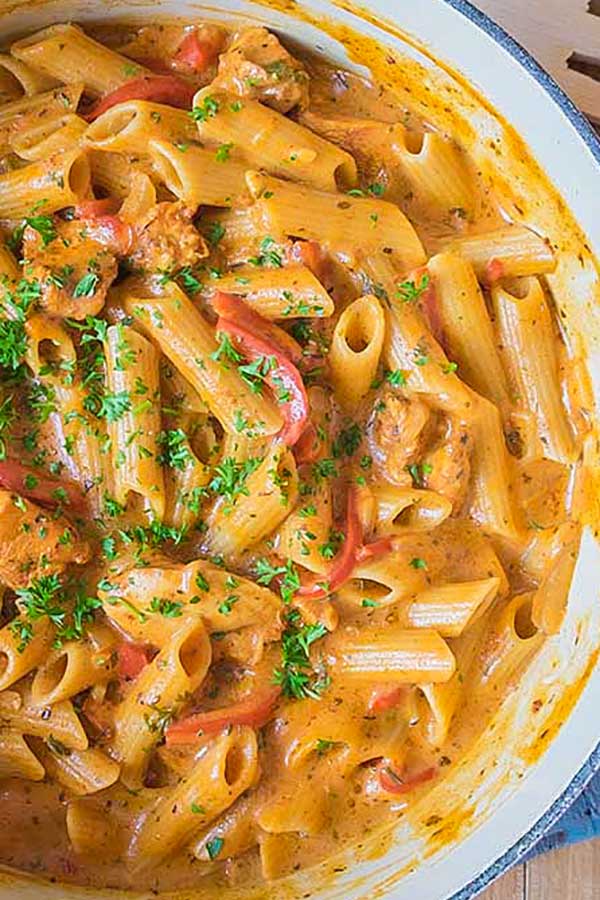 overview of chicken paprikash with penne in a pot 