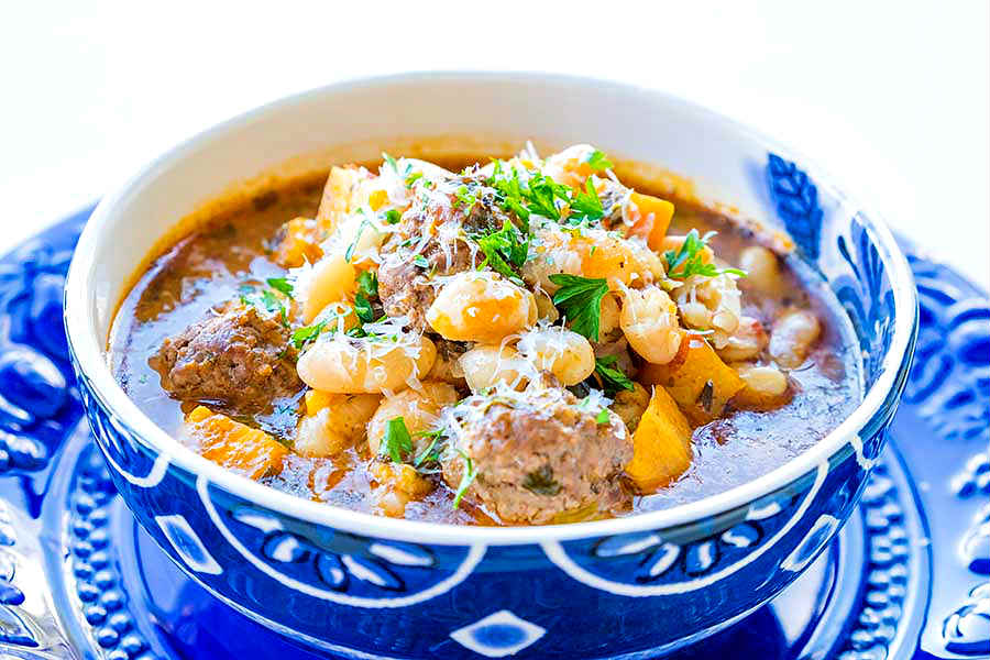 Tuscan white bean soup in a bowl, gluten free