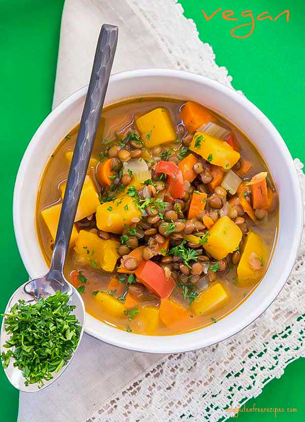 vegan lentil soup in a white bowl