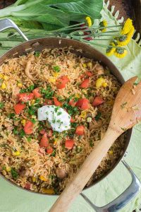 chicken taco rice dinner in a skillet