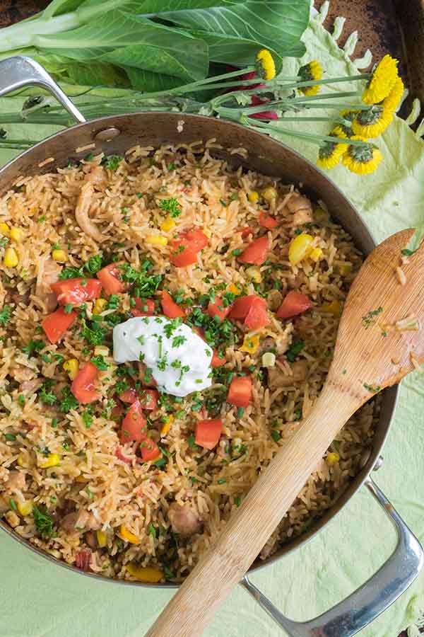 chicken taco rice dinner in a skillet