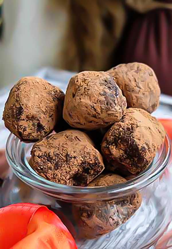 coffee rum balls in a glass bowl