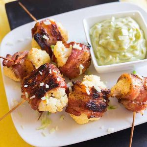 Bacon Wrapped Cauliflower with Avocado Aioli {Keto}