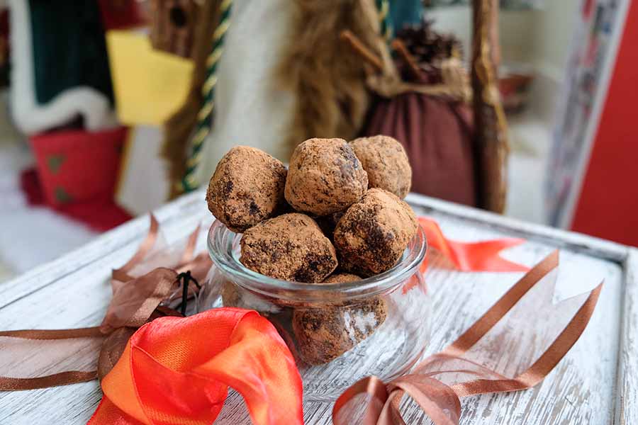 coffee rum balls in a bowl, gluten free and egg free