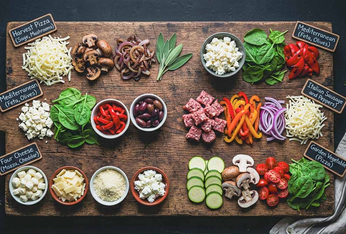 various toppings for butternut squash pizza, from cheese to salami and veggies