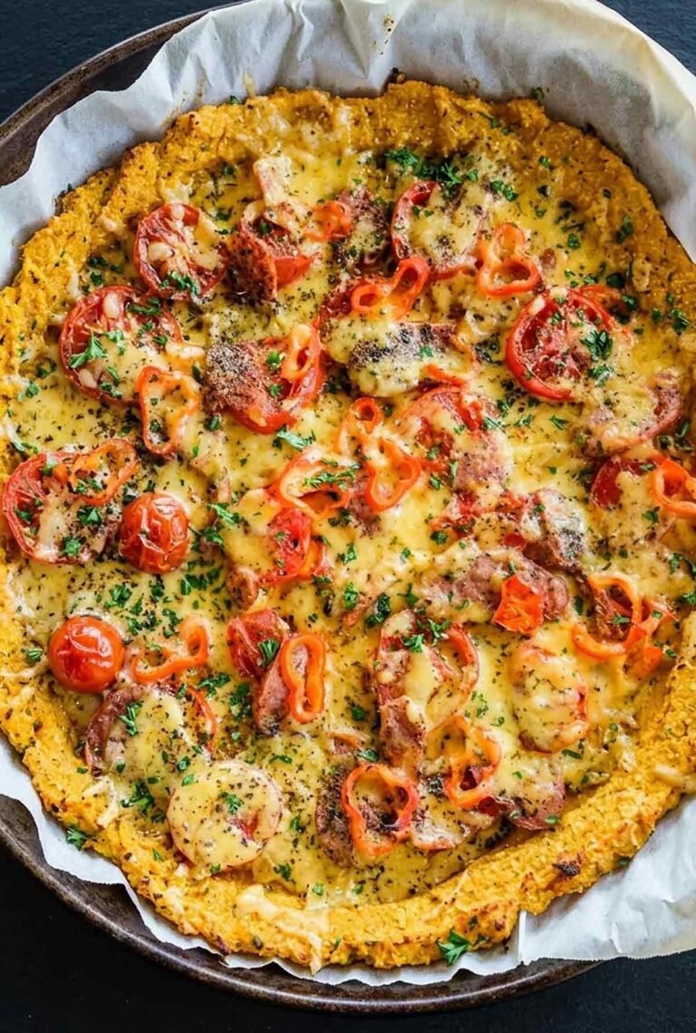 whole butternut squash pizza crust with veggie and cheese toppings showing a featuring a crispy crust