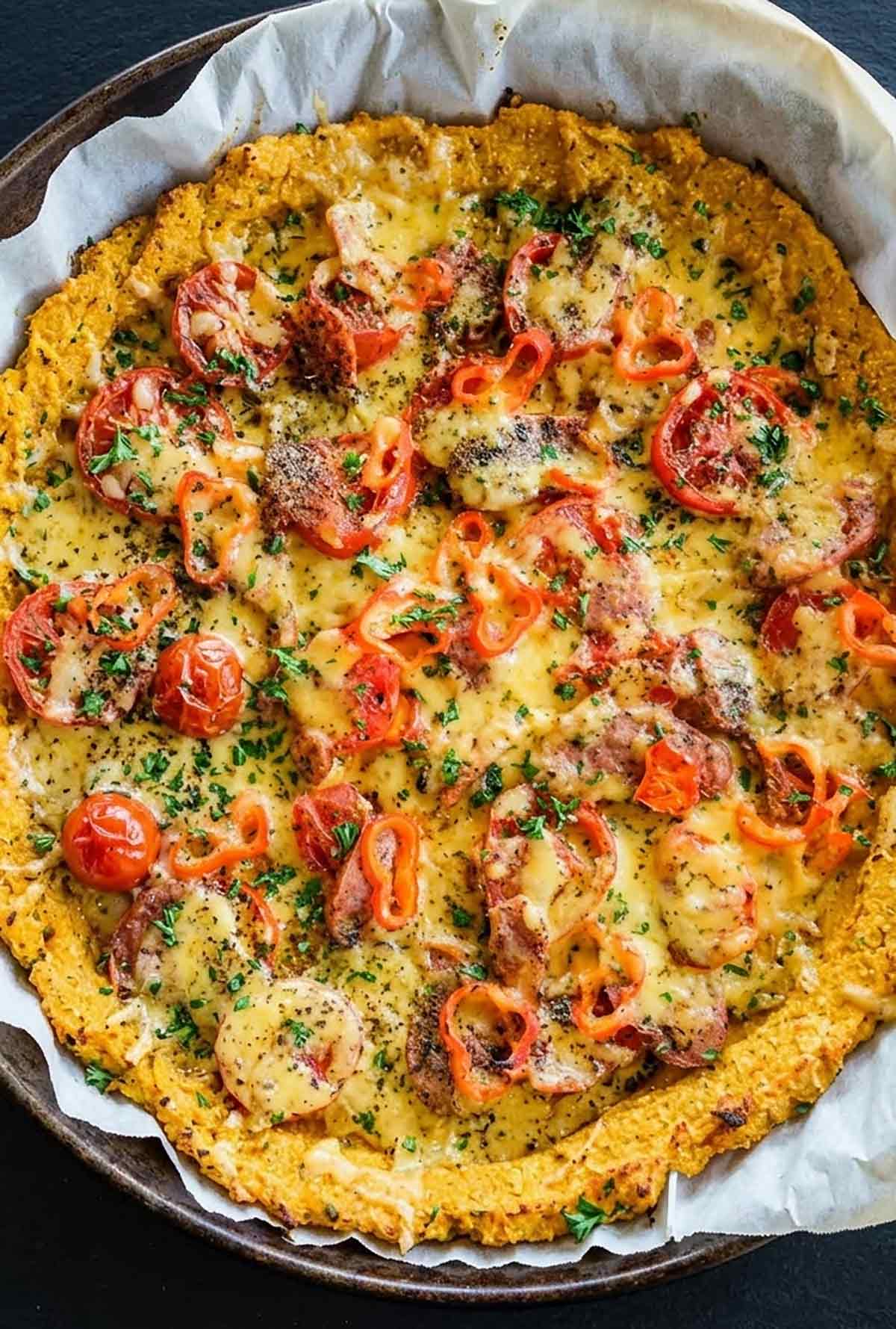 whole butternut squash pizza crust with veggie and cheese toppings showing a featuring a crispy crust