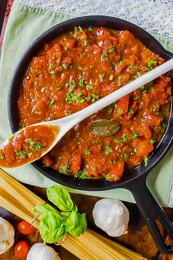 chunky marinara sauce in a skillet