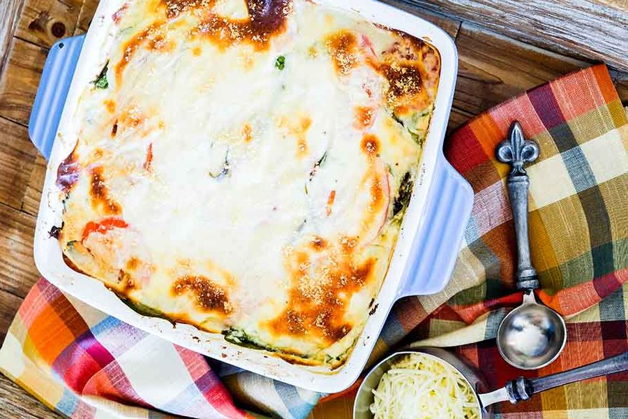 OVERVIEW OF grain-free VEGETARIAN lasagna in a casserole dish