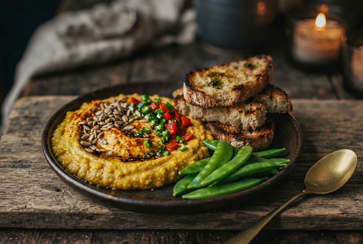 Golden Lentil Hummus with Roasted Red Pepper with a side of toasted GF bread and snow peas