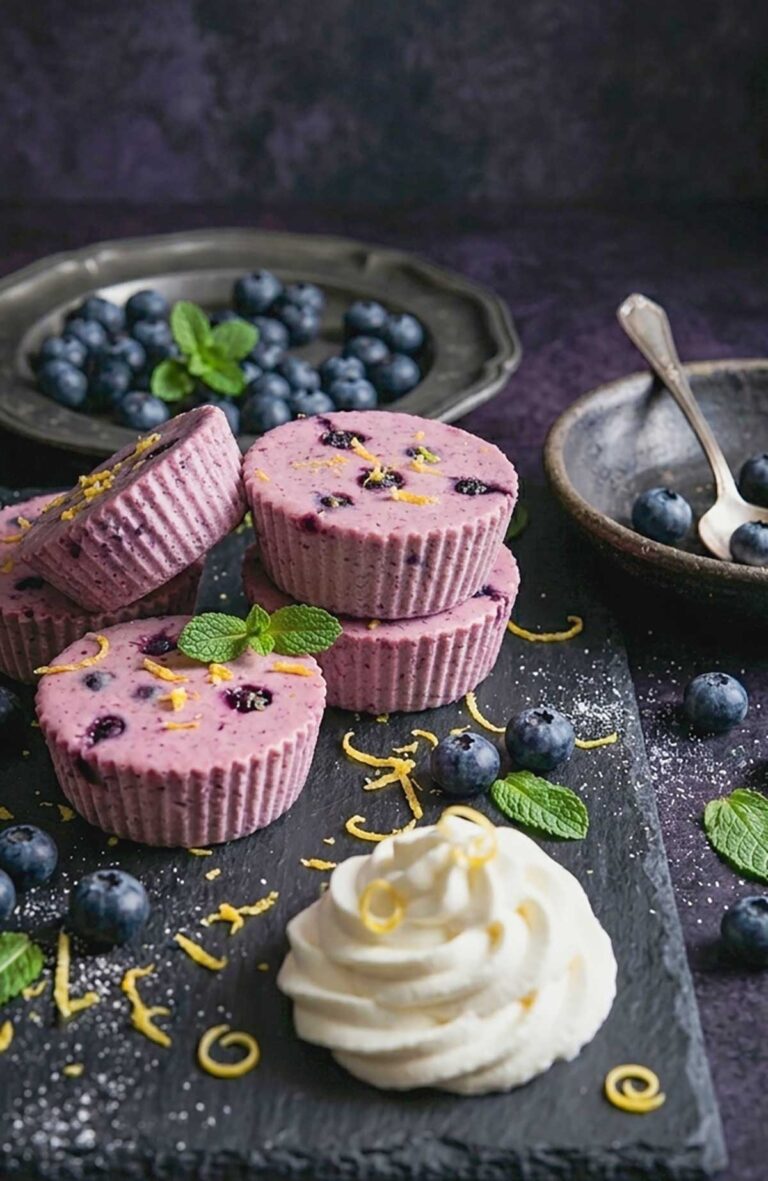 A stack of crustless no-bake low-carb mini blueberry cheesecakes on a dark slate platter, garnished with fresh blueberries, lemon zest, and a swirl of whipped cream on the side. Gluten-Free