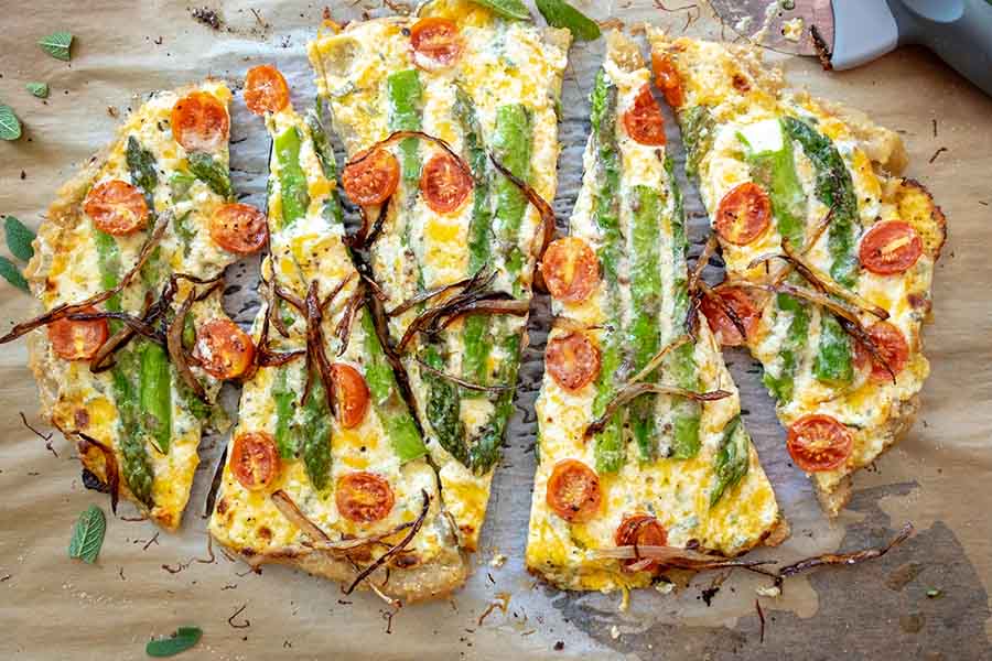 flatbread, cheese, asparagus, tomatoes