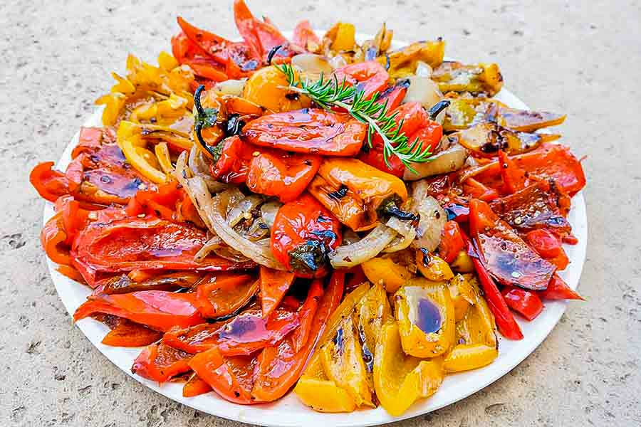 chargrilled peppers on a platter, italian antipasto
