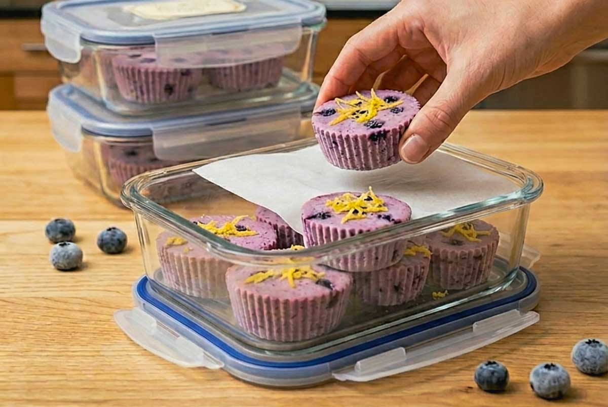 storing low-carb mini blueberry cheesecakes in glass containers