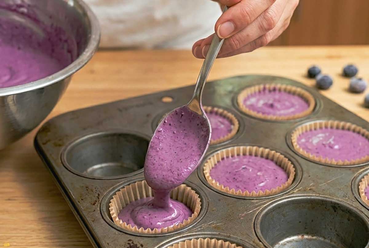 Spooning low-carb blueberry cheesecake mixture into lined muffin cups