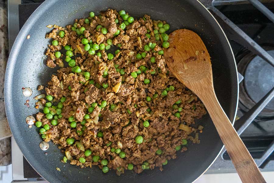 Indian spiced beef filling in a skillet