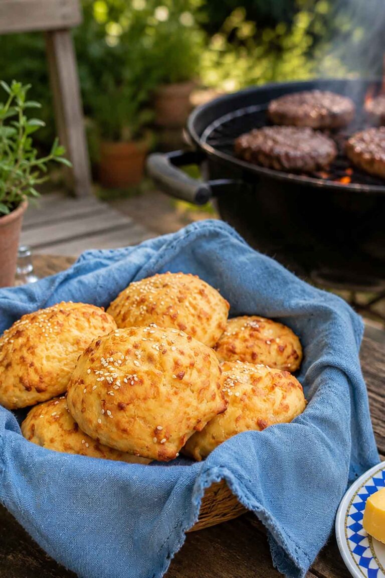golden brown cheese buns with a sprinkling of sesame seeds, freshly baked with a soft, fluffy interior in a basket next to a bbq