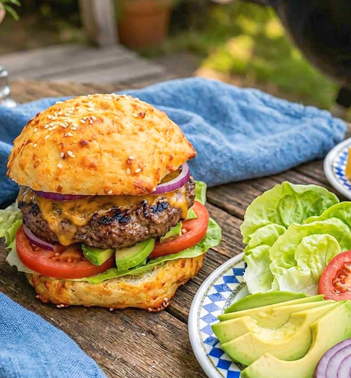 cheese bun filled with burger, lettuce and tomatoes on a wooden table