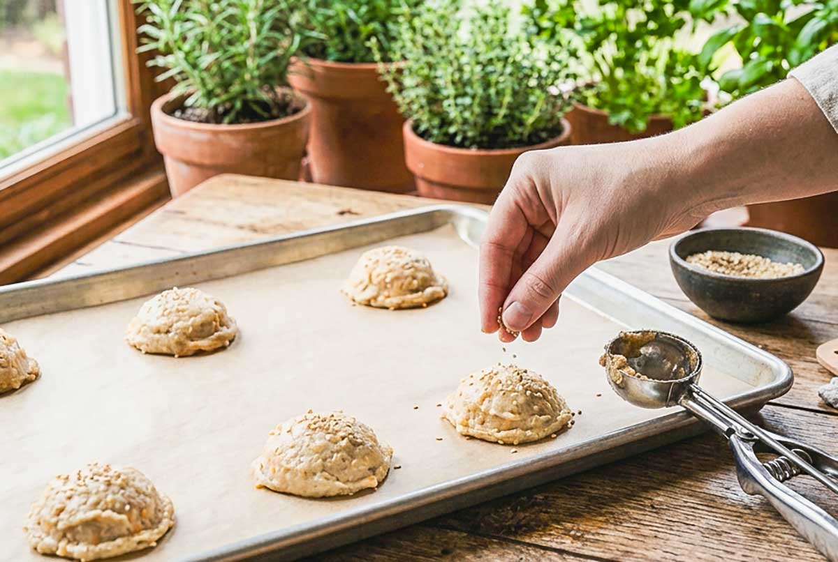 6 mounds of dough on a lined cookie sheet sprinkled with sesame seeds