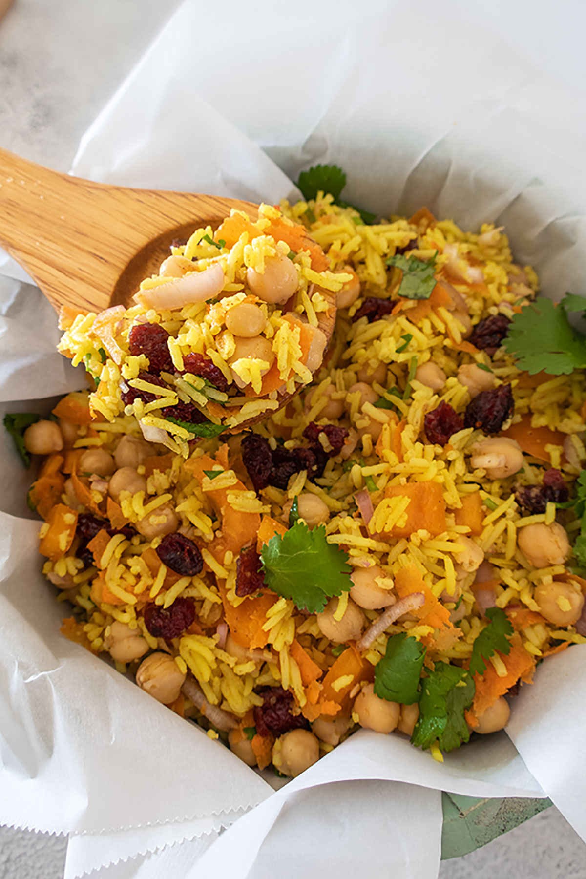 Moroccan rice salad with chickpeas in a bowl