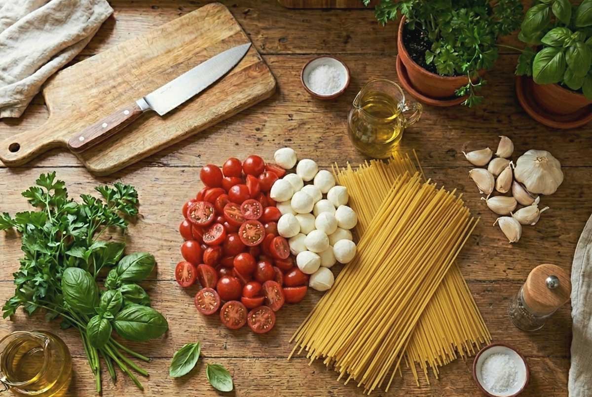 ingredients fo pasta salad, olive oil, cherry tomatoes, bocconcini, garlic, herbs lemon juice