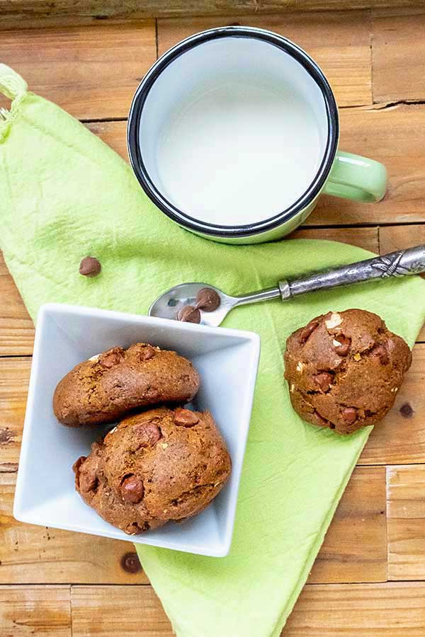 chocolate chip buckwheat cookies with a cup of milk