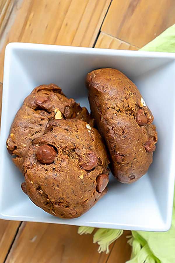 two chocolate chip buckwheat cookies in a bowl