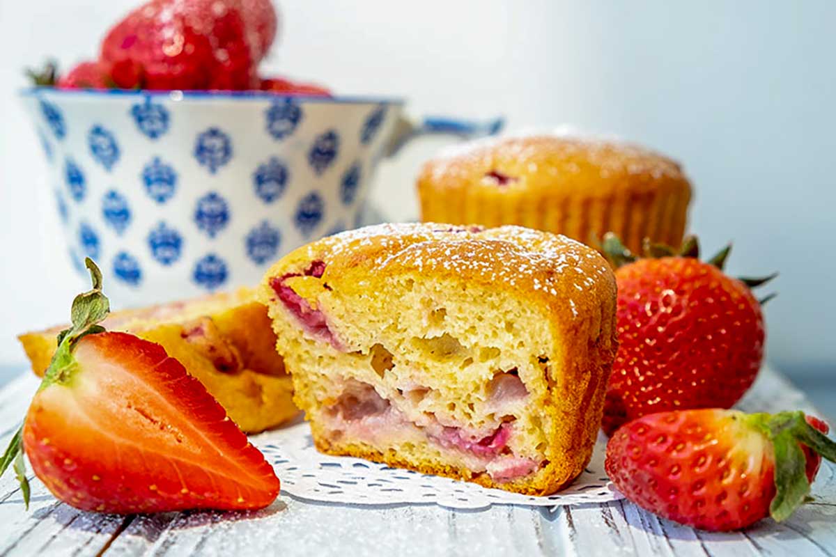 close up of a gluten free strawberry muffin