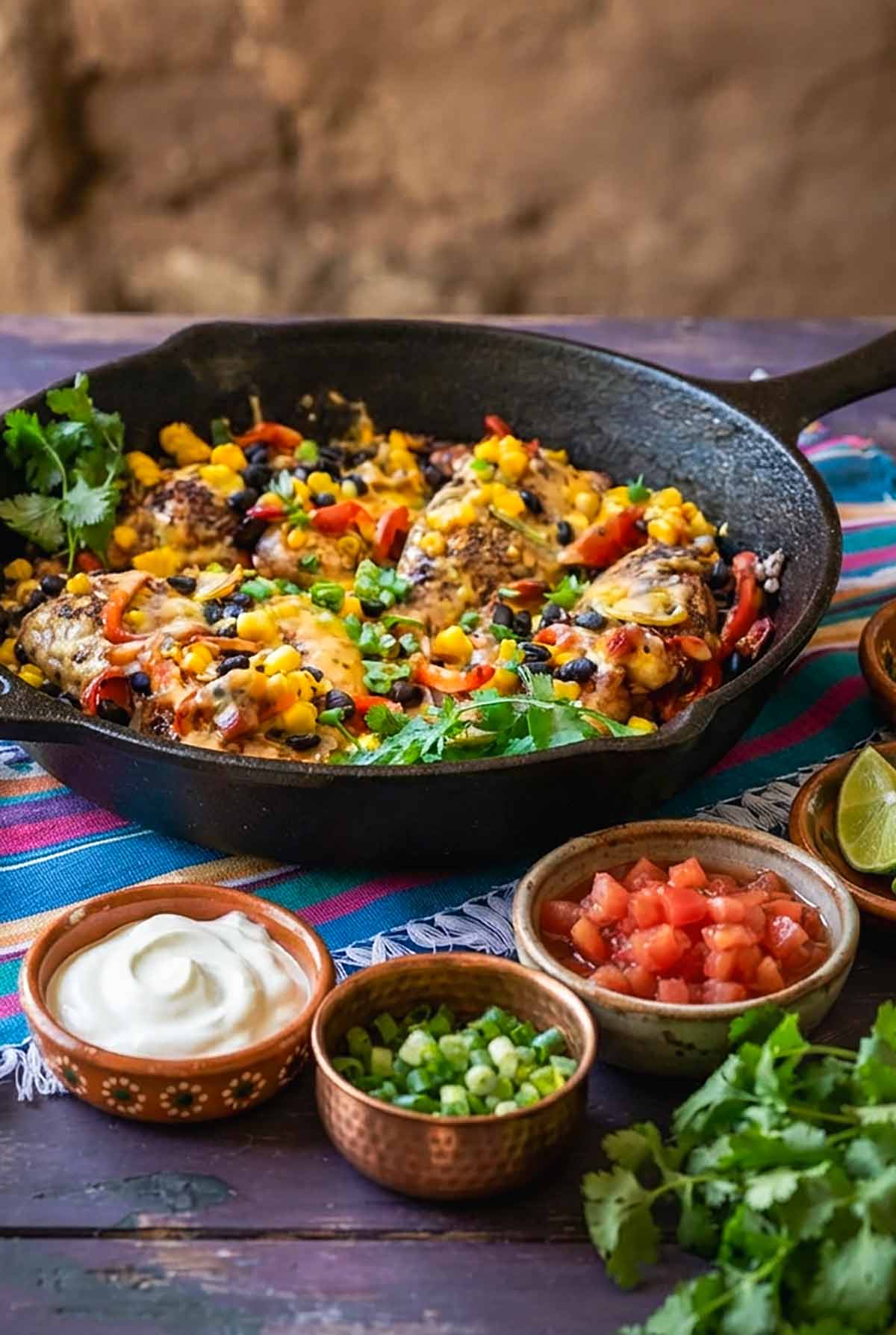 Gluten-Free Santa Fe Chicken Dinner with Black Beans, Corn & Peppers with small bowls of sour cream, chopped tomatoes, green onions and limes