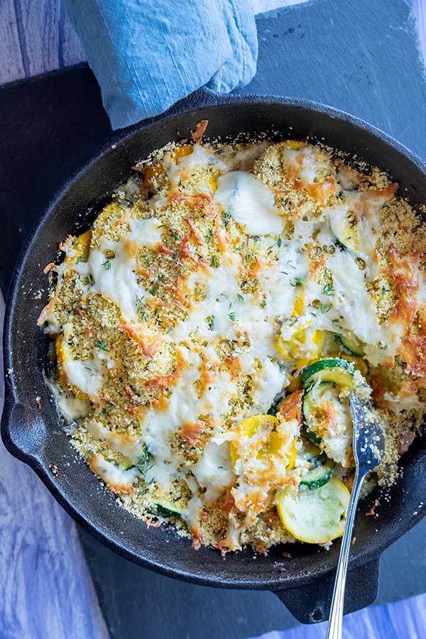 zucchini gratin in cast iron skillet