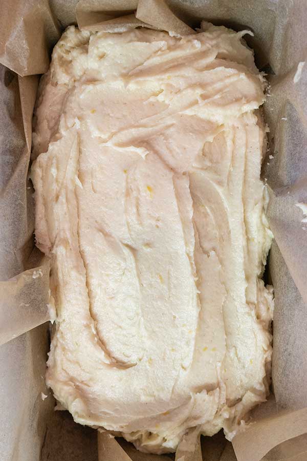 gluten-free cake batter in a loaf pan