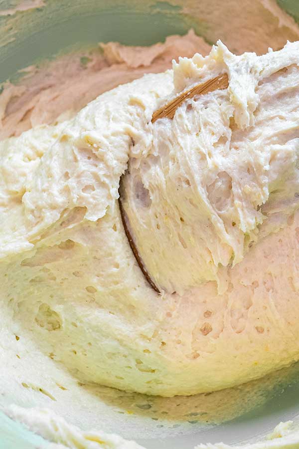 smooth lemon loaf batter in a mixing bowl