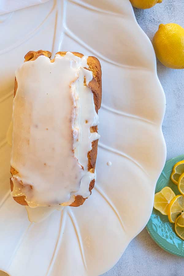 overview of iced cake on a platter