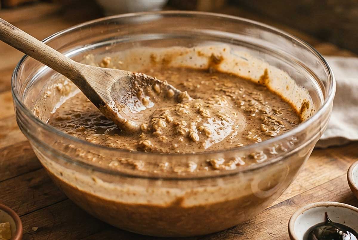 a glass bowl filled with creamy Gingerbread Overnight Oats with Chia & Hemp Hearts with a wooden spoon
