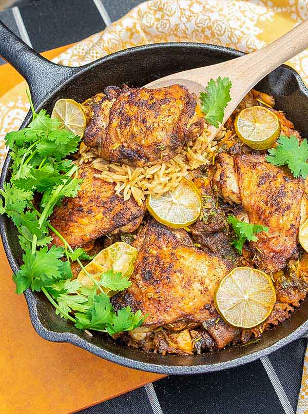 chili lime chicken rice dish in a skillet