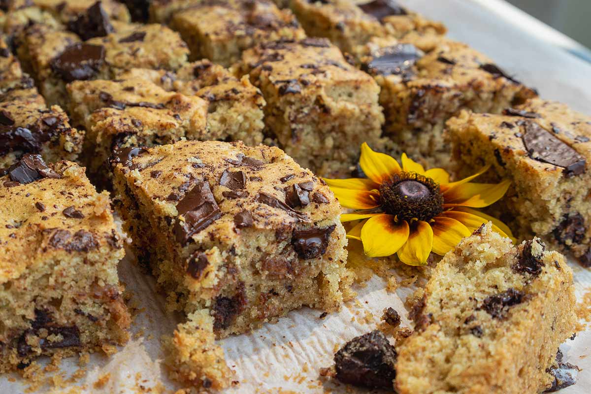 close up of almond swirl coffee cake studded with chunks of melted chocolate