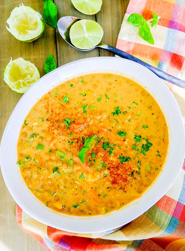 vegan curry lentil soup in a bowl