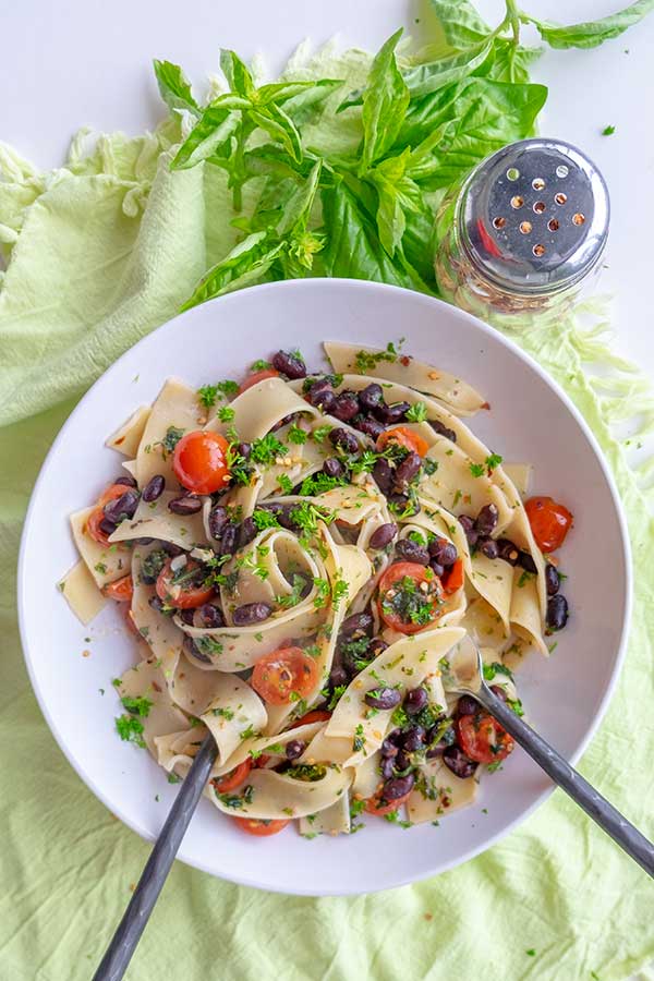 black beans pasta on a plate, gluten free