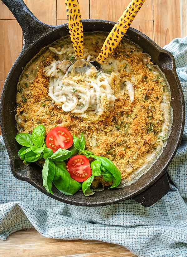 mushroom tetrazzini in a skillet, vegan