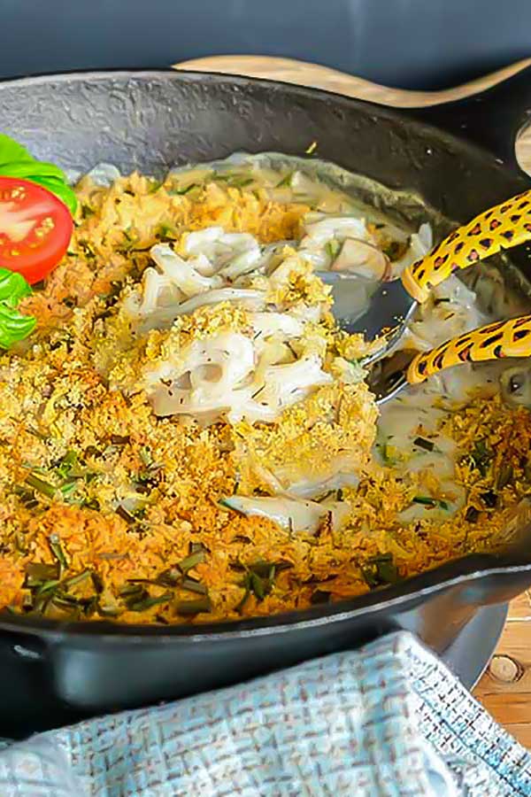 mushroom zucchini tetrazzini in a skillet, vegan, gluten free