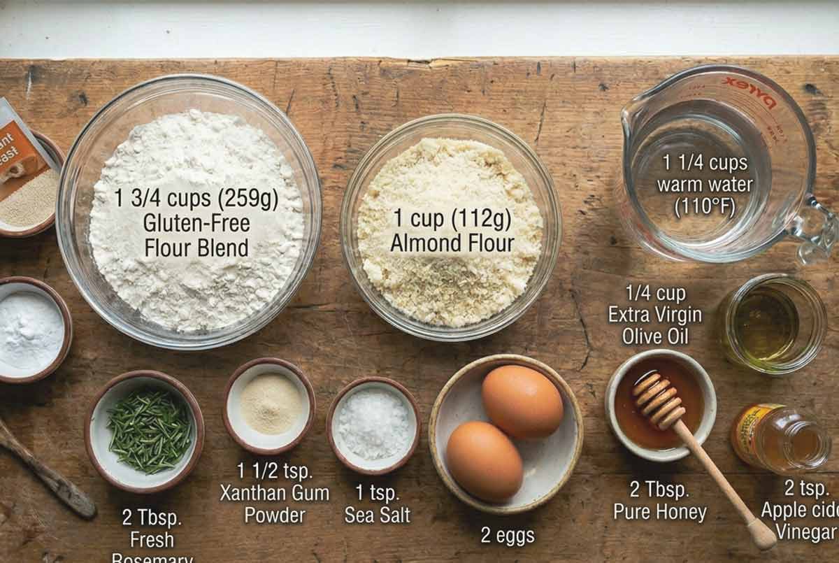 overhead view of ingredients for pull apart rolls, flours, eggs, honey, water yeast, herbs, water