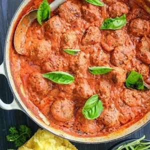 Keto Baked Meatballs in Tomato Cream Sauce