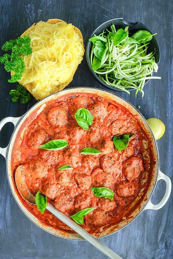 keto meatballs in cream sauce in a skillet