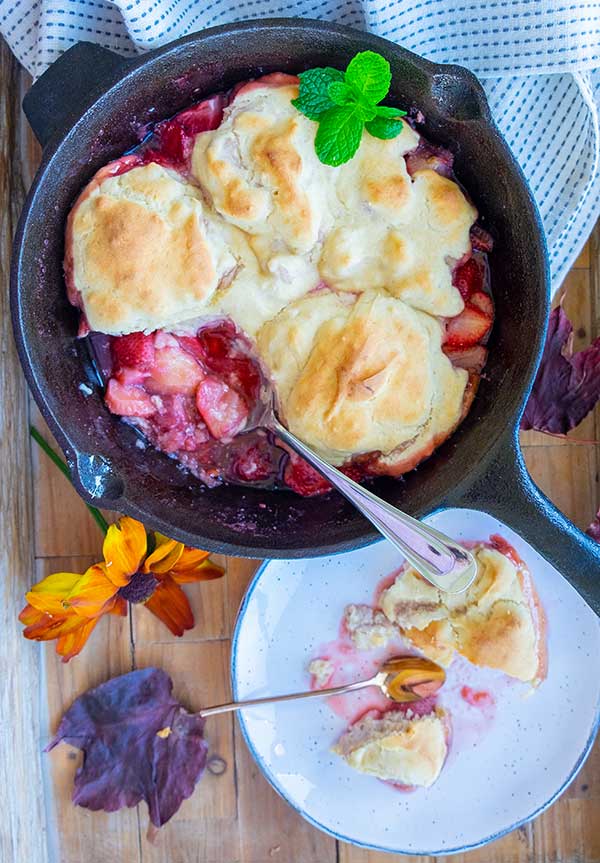 Skillet Strawberry Cobbler with Cinnamon Cream Cheese Biscuits (Gluten-Free)