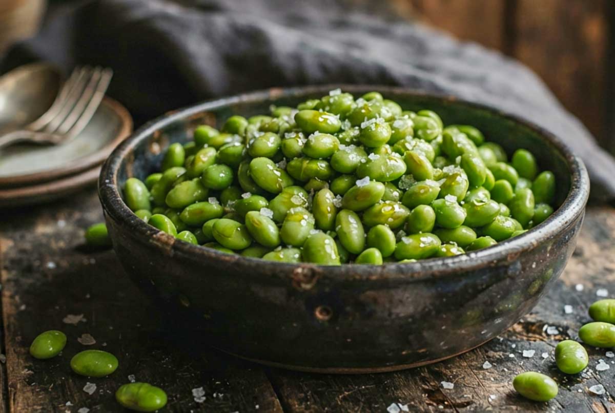 stamed shelled edamame sprinkled with coarse salt in a bowl
