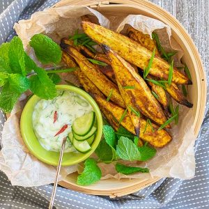 Tandoori Roasted Sweet Potato Wedges With Raita – Vegan