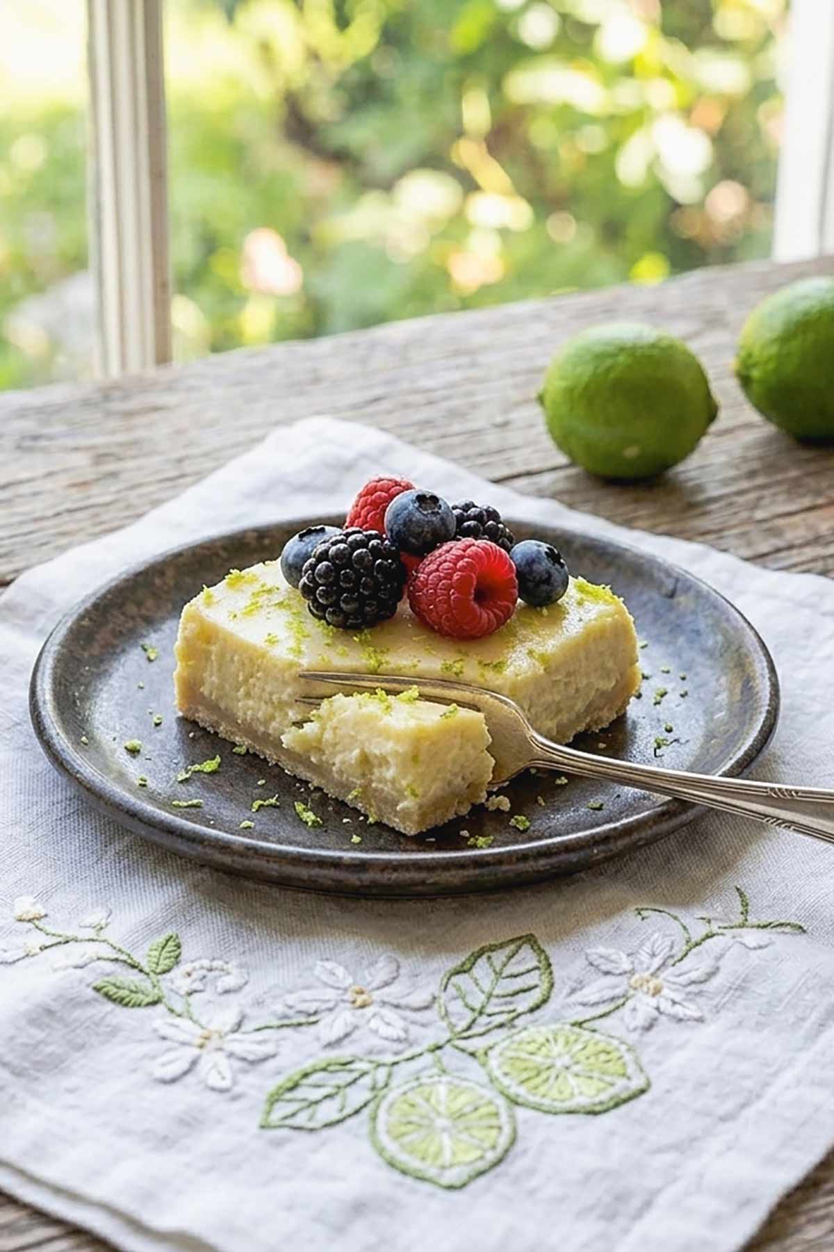 serving a Gluten-Free Key Lime Square topped with berries on a dessert plate
