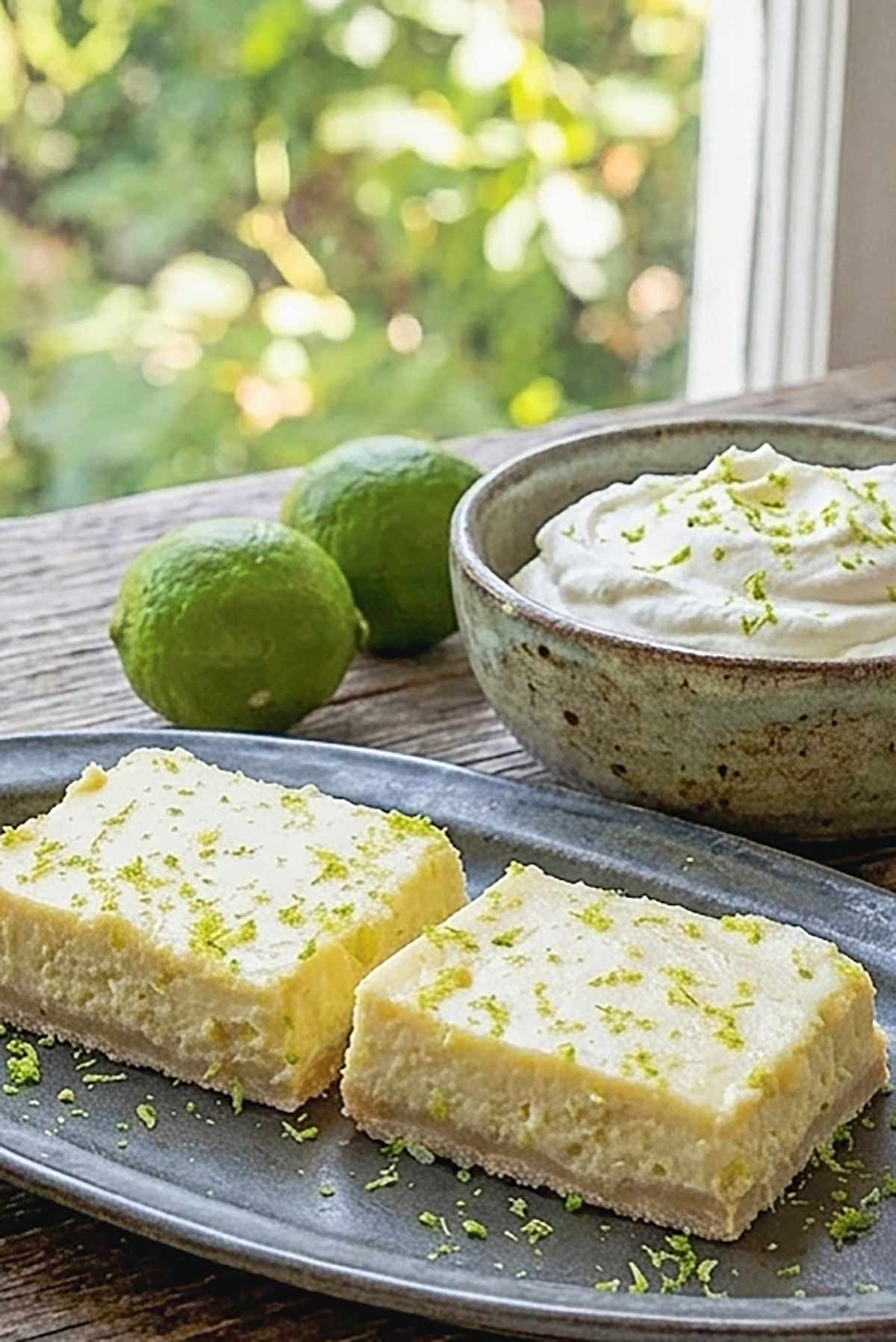 2 slices of Gluten-Free Dair-Free Key Lime Squares on a black plate