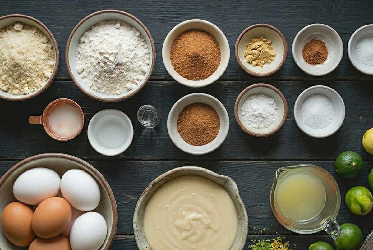 key ingredients for Gluten-Free Key Lime Squares in bowls from flours, eggs, key lime juice, condensed sweet milk