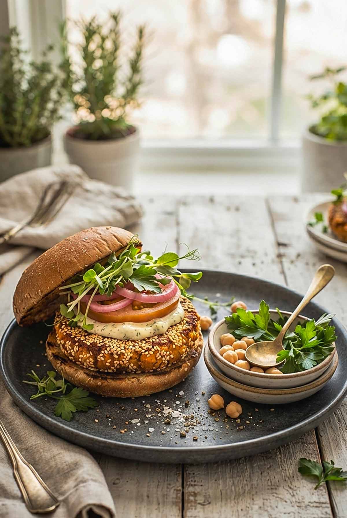 vegan sweet potato chickpea sesame Pattie on a gluten-free bun topped with tomato, lettuce and mayo on a plate